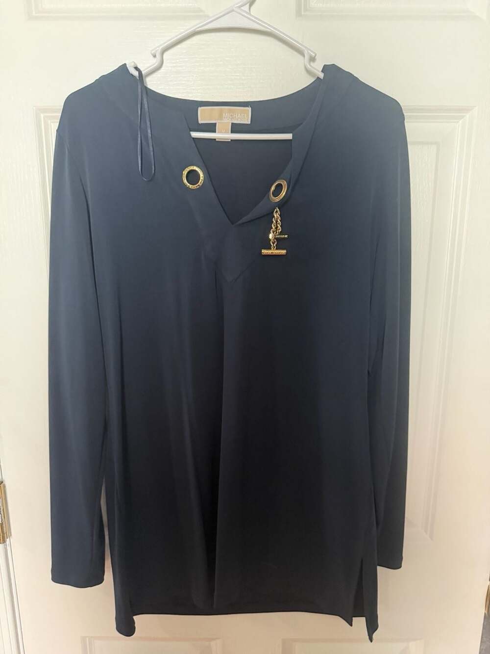 Michael Kors Women's Navy Blue Long Sleeve V-Neck Blouse with Gold-Tone